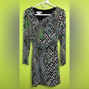 Kay Unger Geometric Print Faux Wrap Dress Long Sleeve size 4